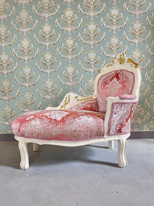 Small Chaise Longue French Louis Style in Flower Pattern Retro Baroque Style Bench in Velvet Green Velvet Pink for Home Decor