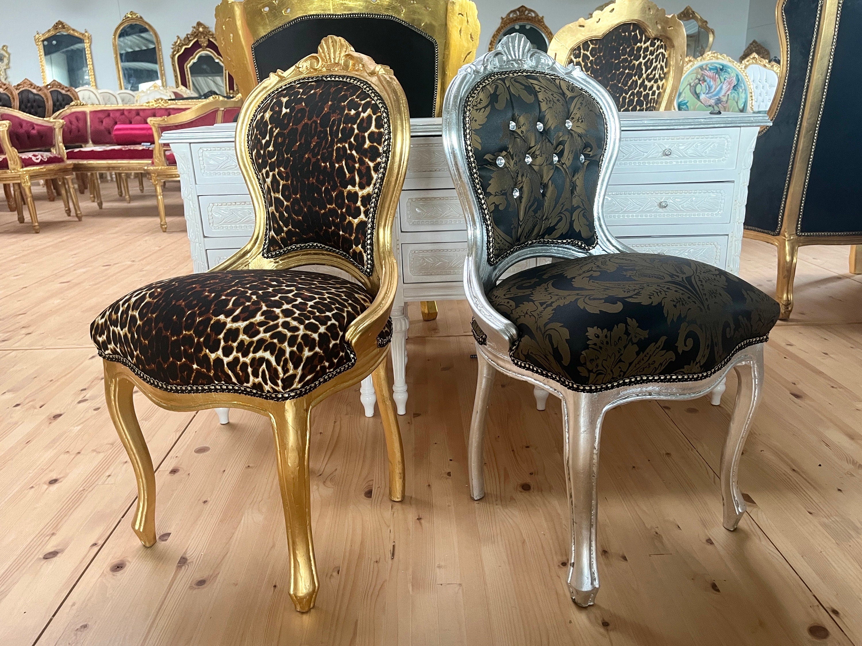 Small Chair French Baroque Rococo Style Retro Italian Style Kid’s Chair in Leopard Print Gold Finish Chair Black Flower Pattern Gold Finish