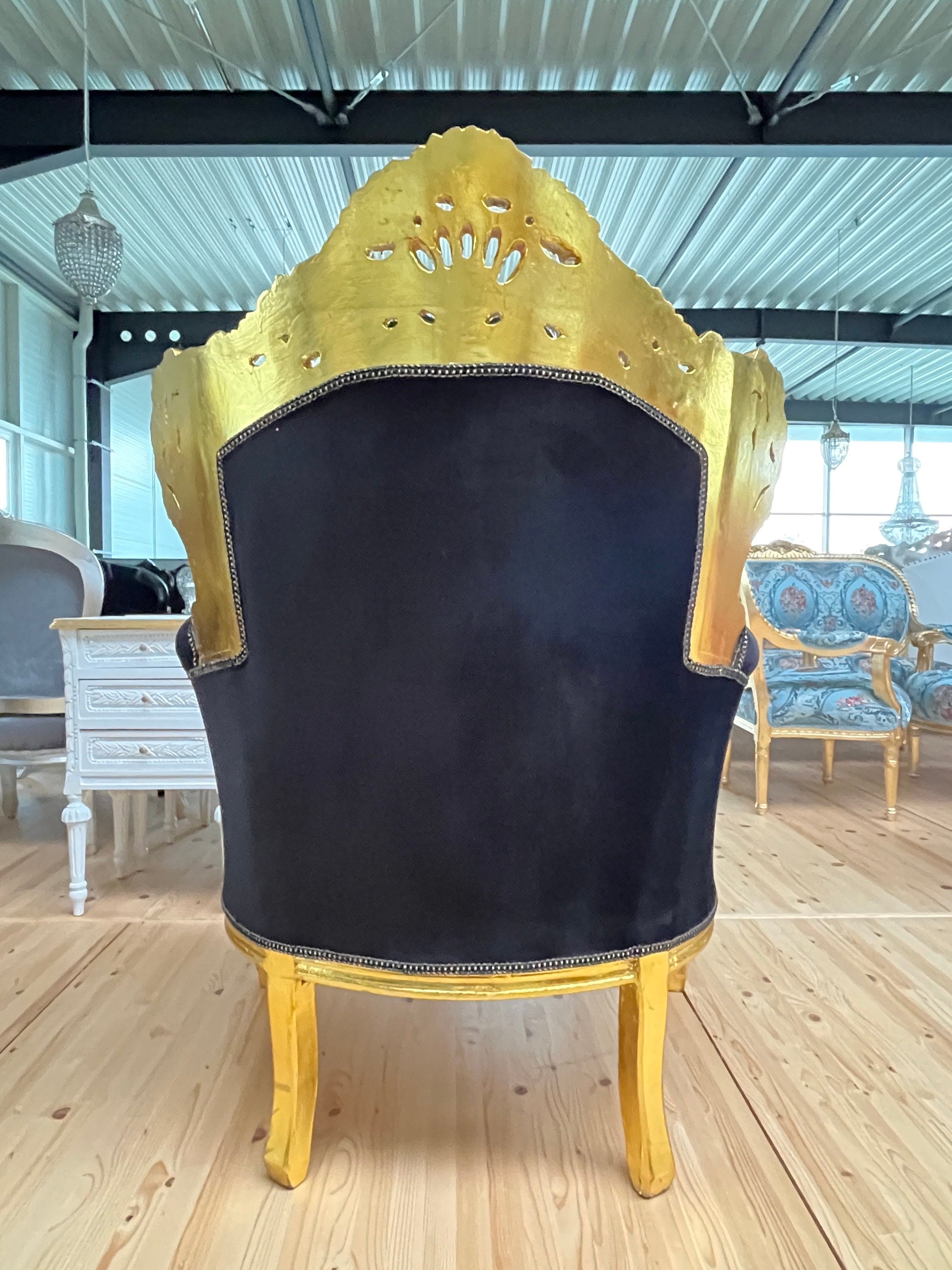 Armchair French Baroque Rococo Style in Black Embroidered Gold Finish Retro Home Decor