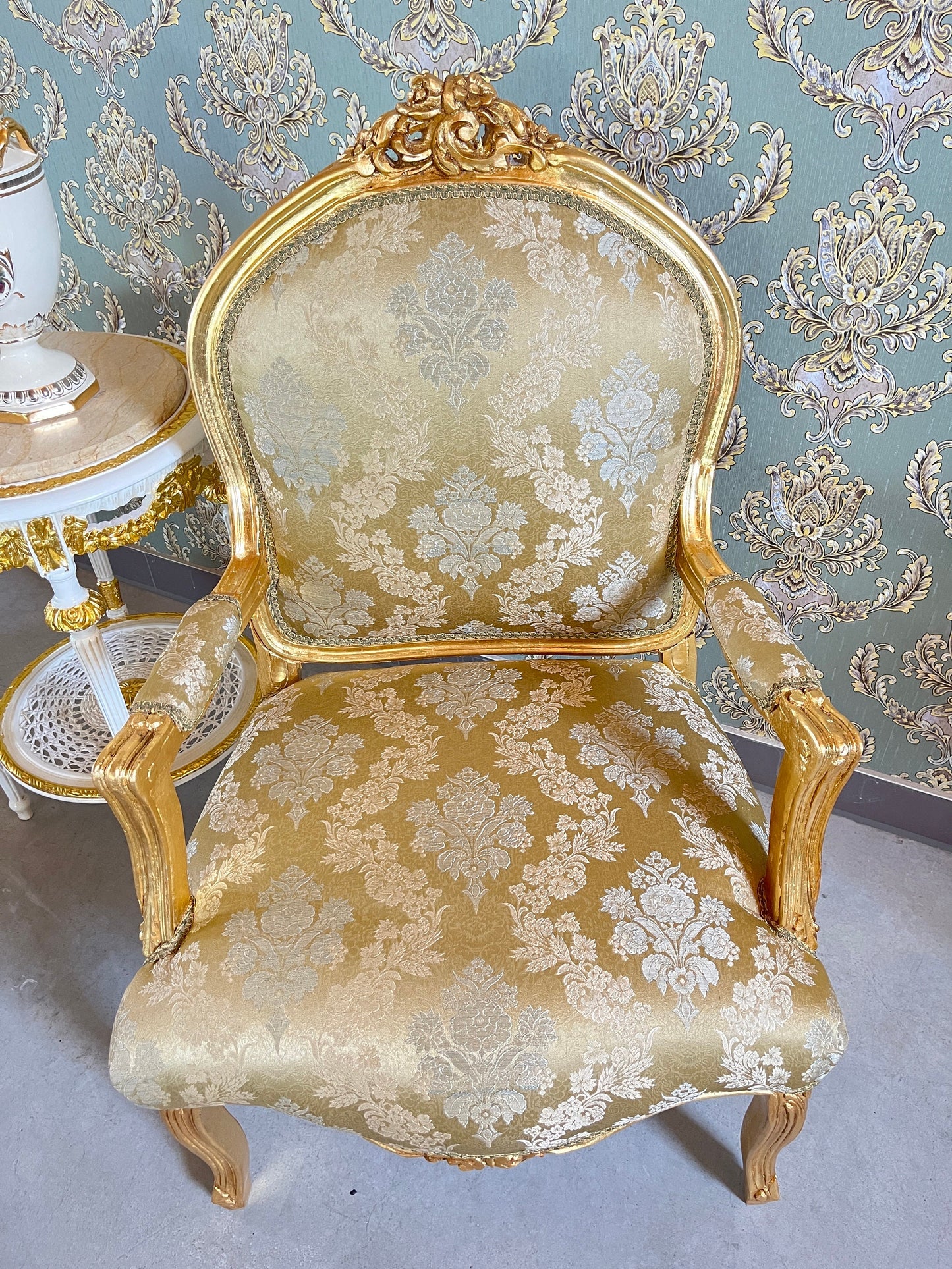 Armchair French Louis Antique Style Chair Royal Baroque Style in Gold Finish Deluxe Fabric in Gold & Black Flower Pattern for Home Décor