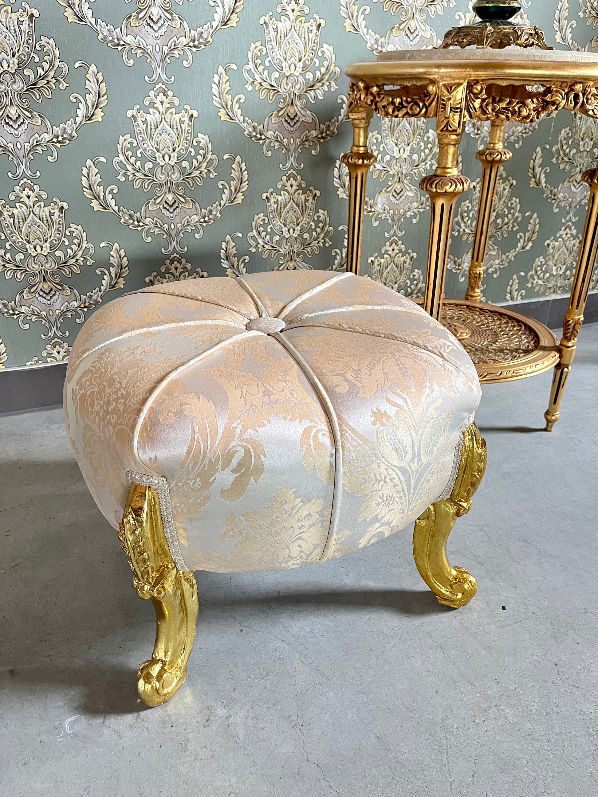 Ottoman French Baroque Rococo Style Footstool for Home Decor Foil Gold Finish in Gold / Beige / Black Jacquard Fabrics