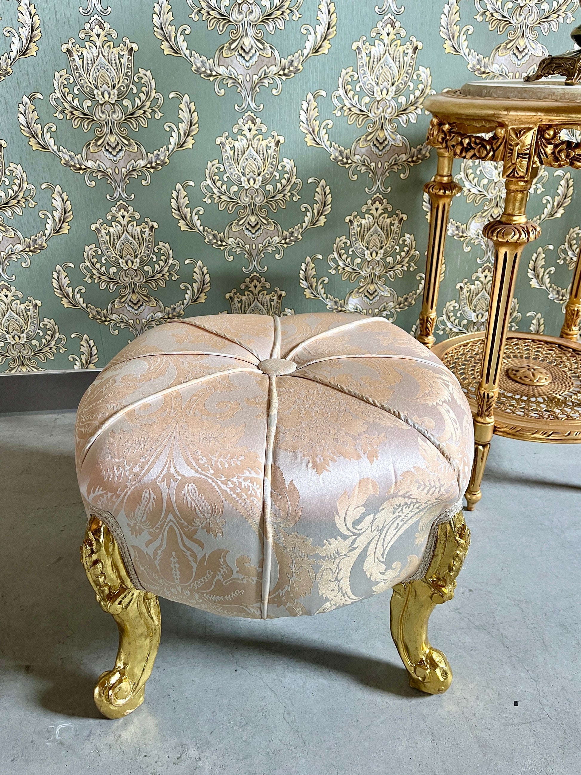 Ottoman French Baroque Rococo Style Footstool for Home Decor Foil Gold Finish in Gold / Beige / Black Jacquard Fabrics