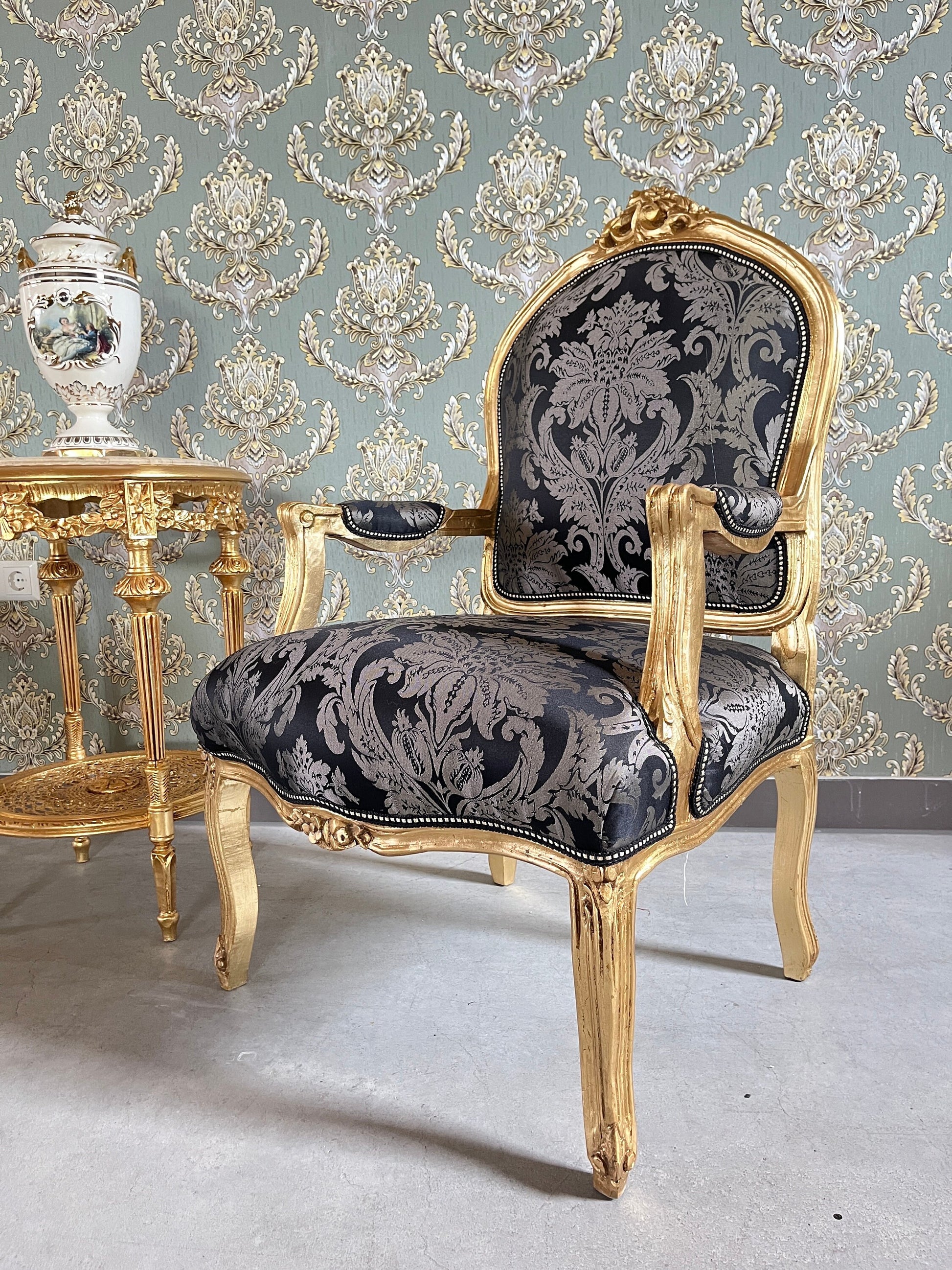 Armchair French Louis Antique Style Chair Royal Baroque Style in Gold Finish Deluxe Fabric in Gold & Black Flower Pattern for Home Décor