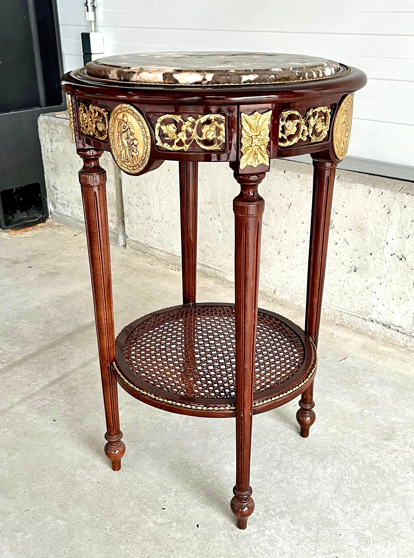 Round Side Table Brown Marble Top Royal Baroque Nostalgic French Style Wooden Table Round Marble in Brown