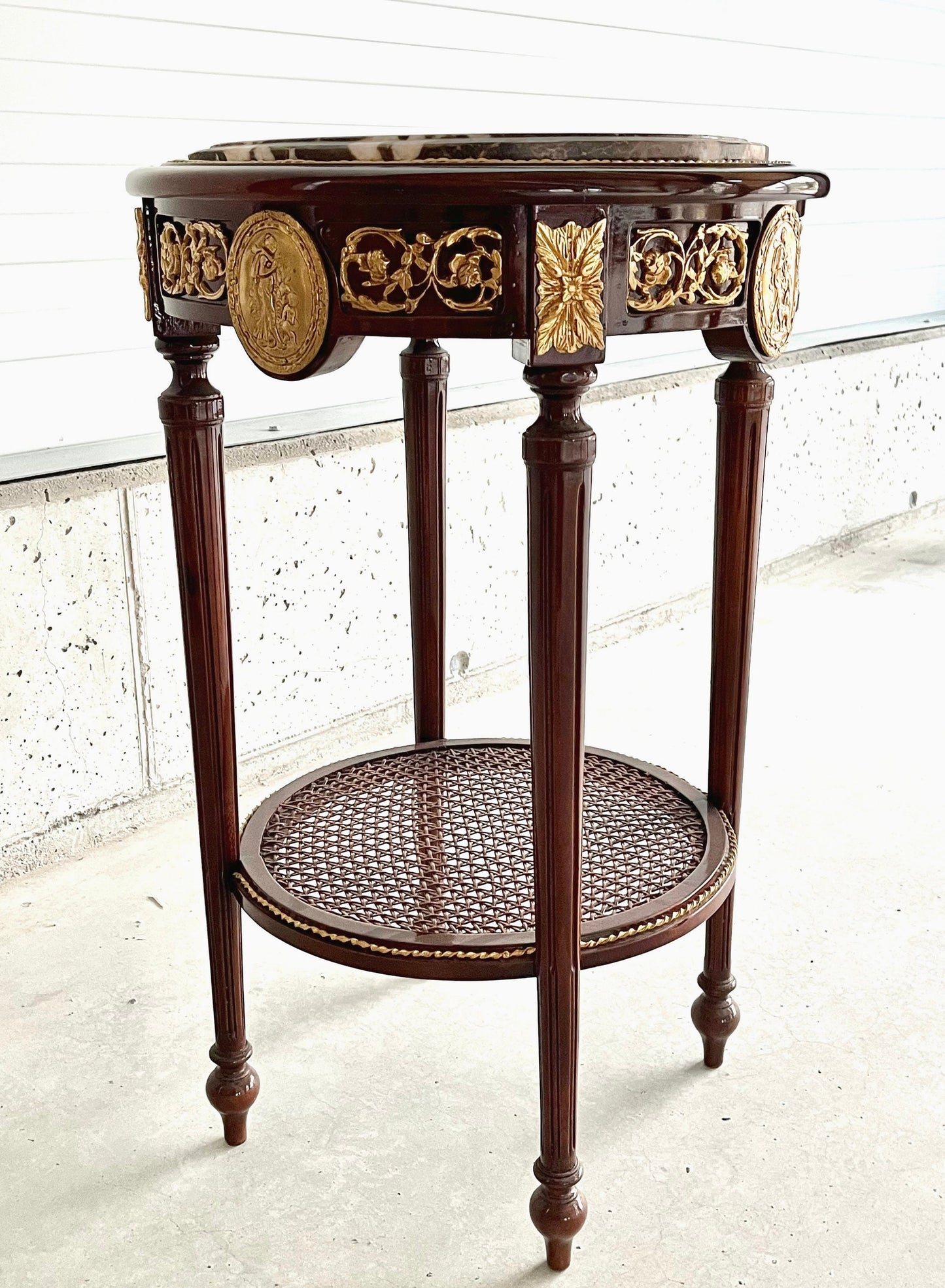 Round Side Table Brown Marble Top Royal Baroque Nostalgic French Style Wooden Table Round Marble in Brown