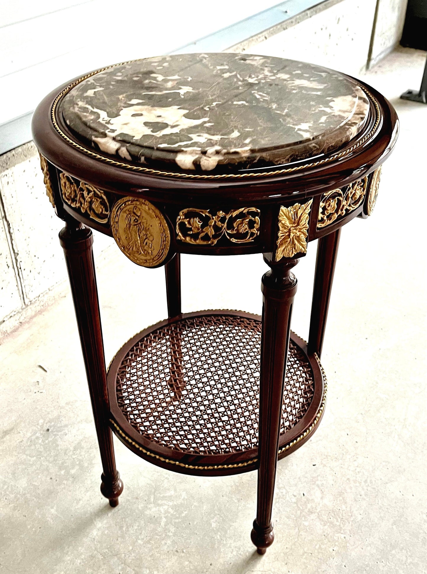 Round Side Table Brown Marble Top Royal Baroque Nostalgic French Style Wooden Table Round Marble in Brown