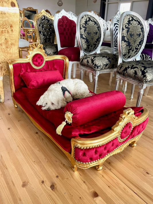 Pet Bed French Louis Baroque Style Big Size Dog Bed with Blanket n Pillow for Home Decor Velvet Red Velvet Blue & Hot Pink Gold Finish
