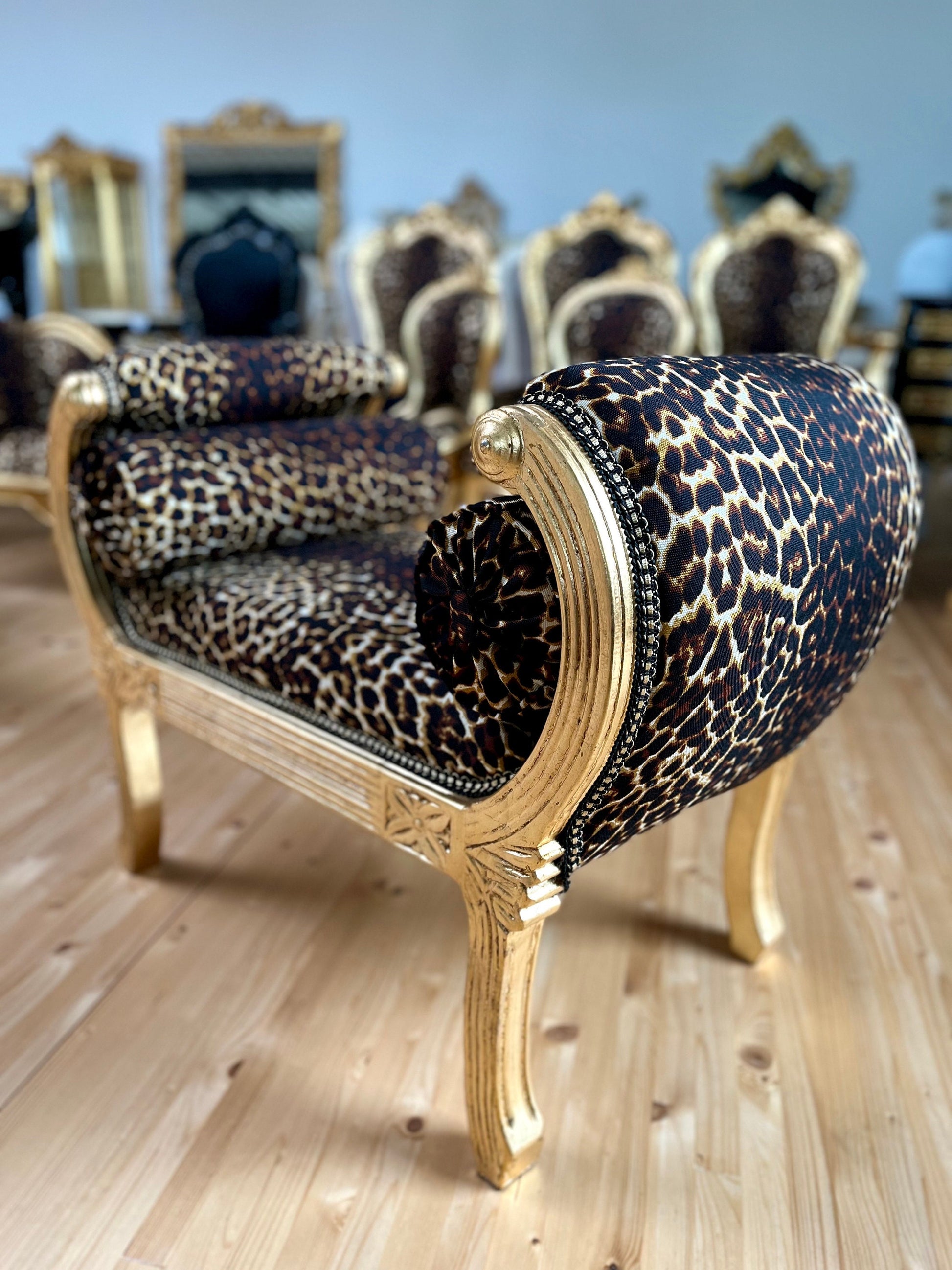 Ottoman Nostalgic French Louis Style Leopard Print Footstool in Gold Finish Ottoman Retro Baroque Style in Bordeaux Red Velvet Gift for Her