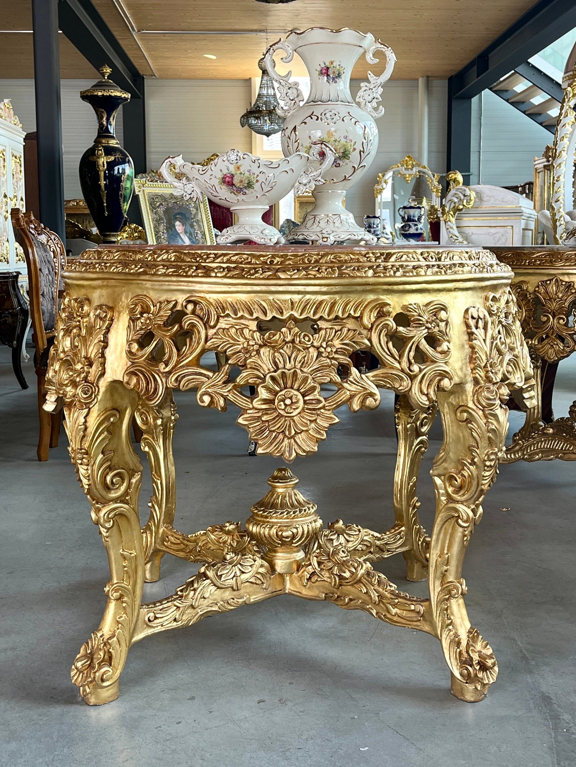 Wooden Decor Table Marble Top Royal Baroque Style Round Table Marble Slab in Orange French Antique Style for Home Decor Hotel Decoration