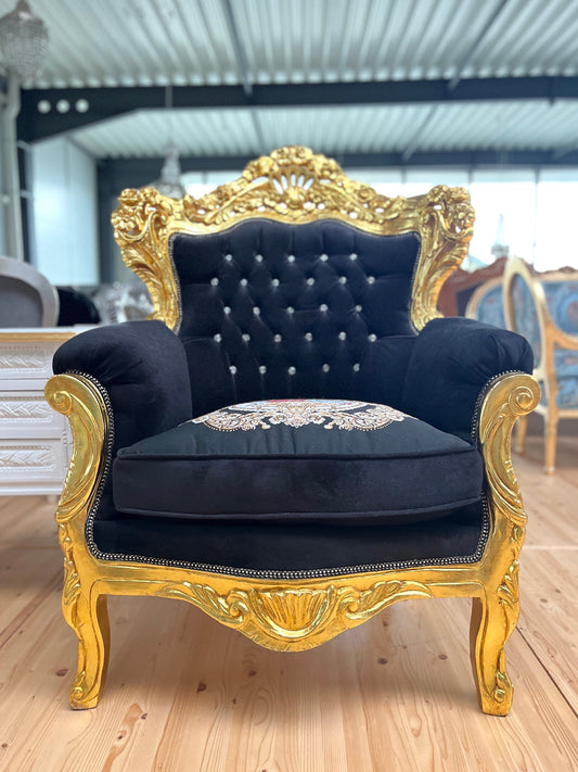 Armchair French Baroque Rococo Style in Black Embroidered Gold Finish Retro Home Decor