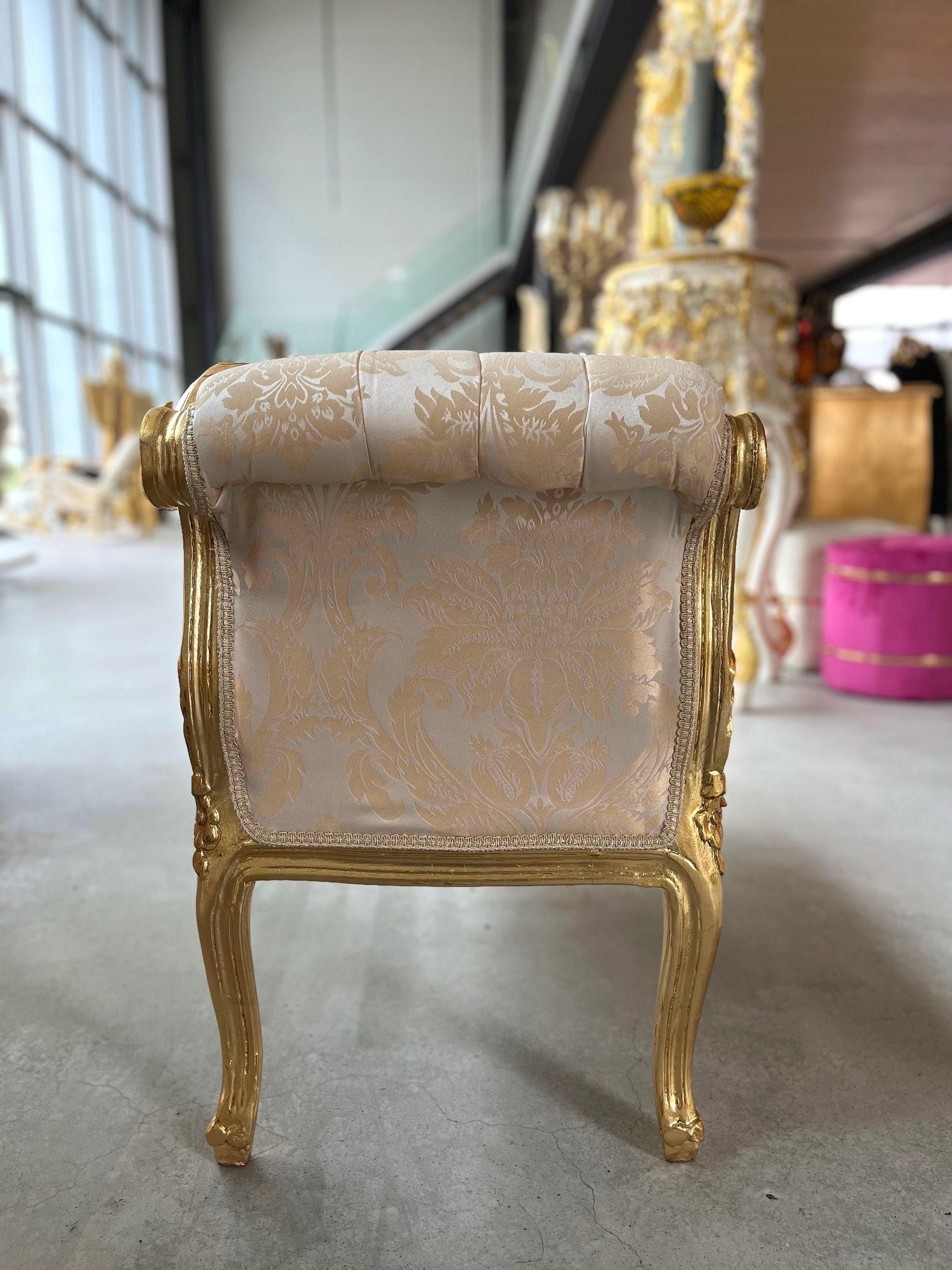 Bench French Louis Style Small Chaise Longue Shiny Ivory Retro Baroque Style Ottoman for Home Decor Ottoman Footstool in Gold Finish
