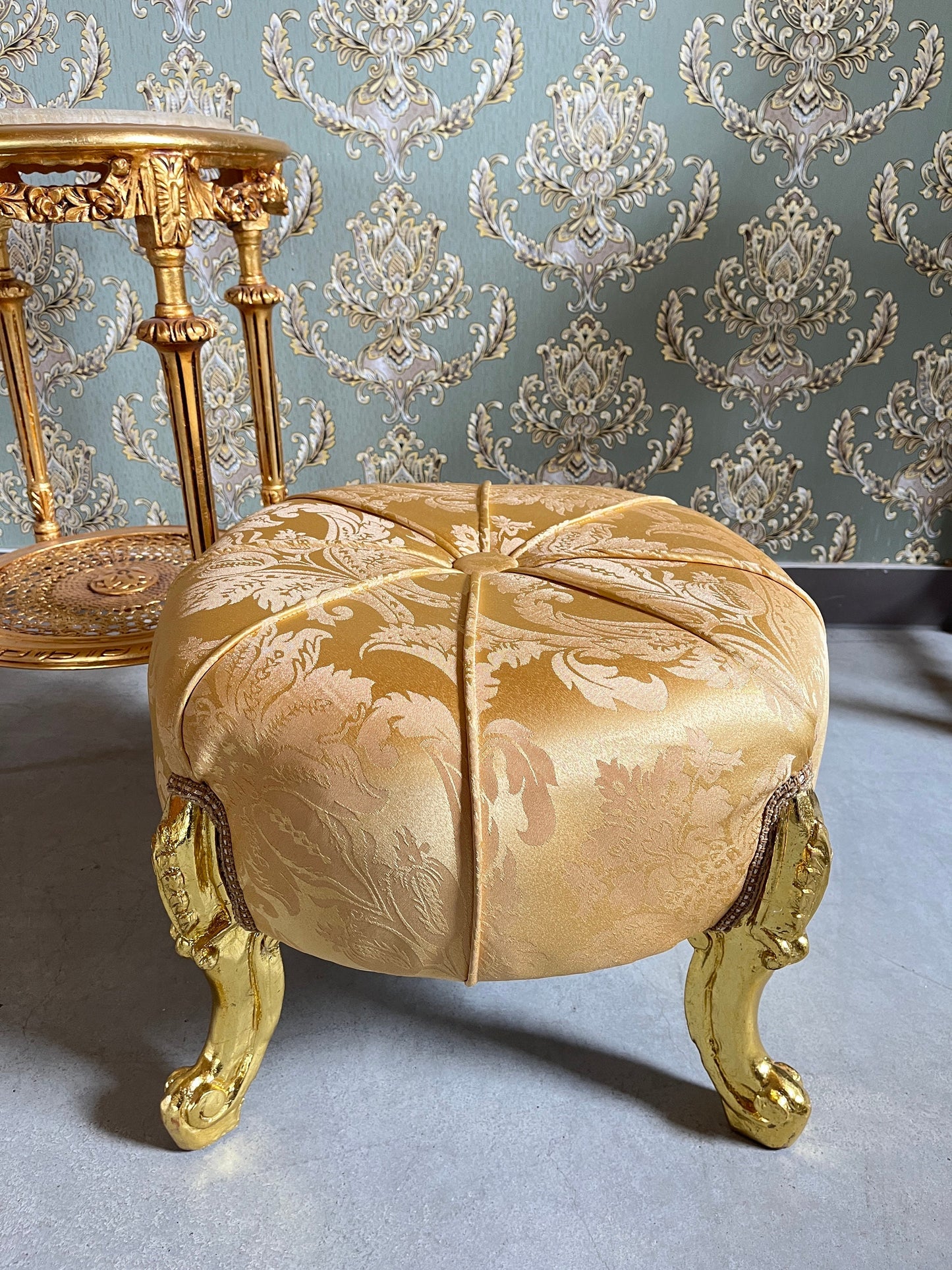 Ottoman French Baroque Rococo Style Footstool for Home Decor Foil Gold Finish in Gold / Beige / Black Jacquard Fabrics
