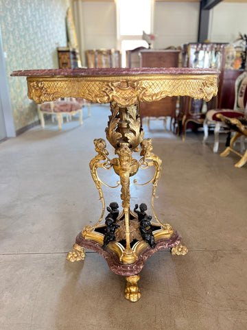 Round Table Royal Antique Style Purple Red Marble Bronze Statue Table Retro Baroque Style Noble Decor Table for Commercial Decoration