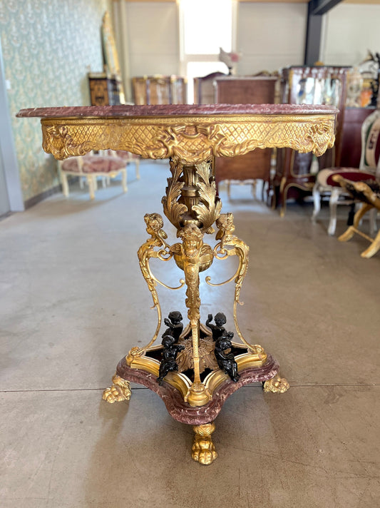 Round Table Royal Antique Style Purple Red Marble Bronze Statue Table Retro Baroque Style Noble Decor Table for Commercial Decoration