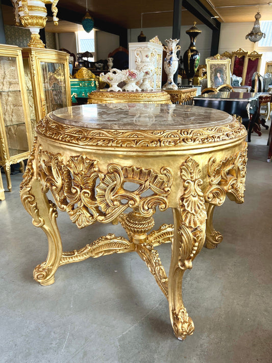 Wooden Table Marble Top Royal Baroque Style Round Table Light Brown Color Marble Slab in Gold Finish for Home Decor for Hotel Decor