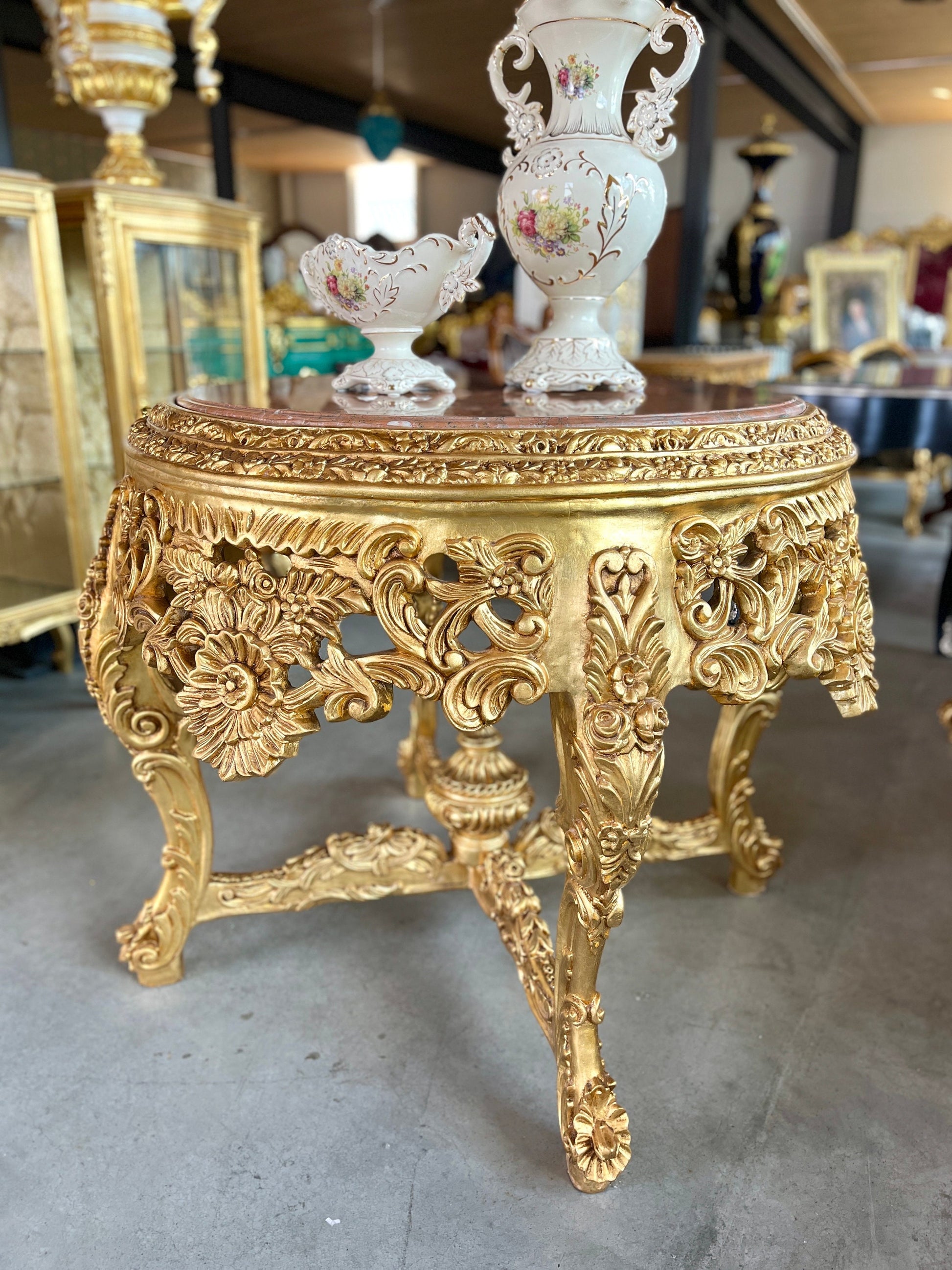 Wooden Decor Table Marble Top Royal Baroque Style Round Table Marble Slab in Orange French Antique Style for Home Decor Hotel Decoration
