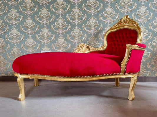 Chaise Longue Velvet Red French Louis XV Antique Style in Gold Frame Retro Baroque Style Bench Red Velvet for Bedroom Furniture Decor