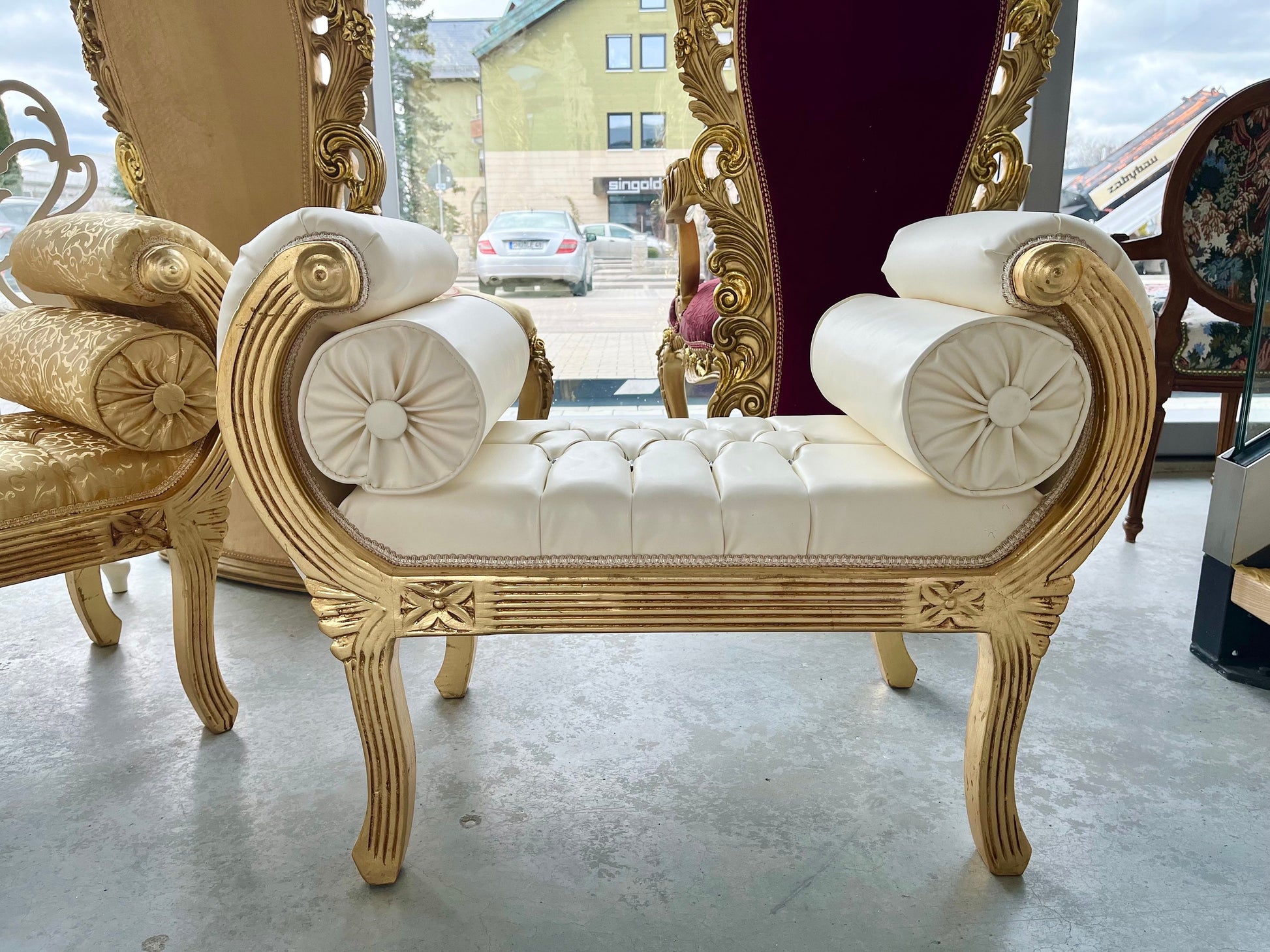 Ottoman French Louis Antique Style in Gold Hocker Retro Baroque Rococo Style in Gold Colour Ottoman for Home Decor
