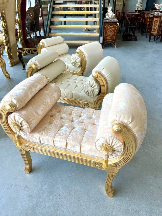 Ottoman French Louis Antique Style Beige Jacquard Fabric Bench Retro Baroque Rococo Style for Home Decor