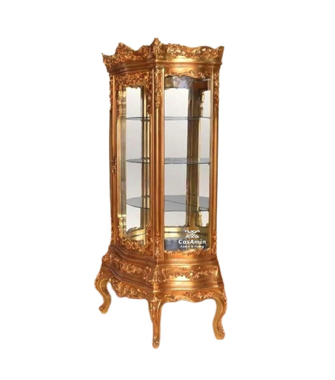 Display Cabinet in Gold Wooden French Baroque Style Glass Showcase in Glass Mirror Made-To-Order