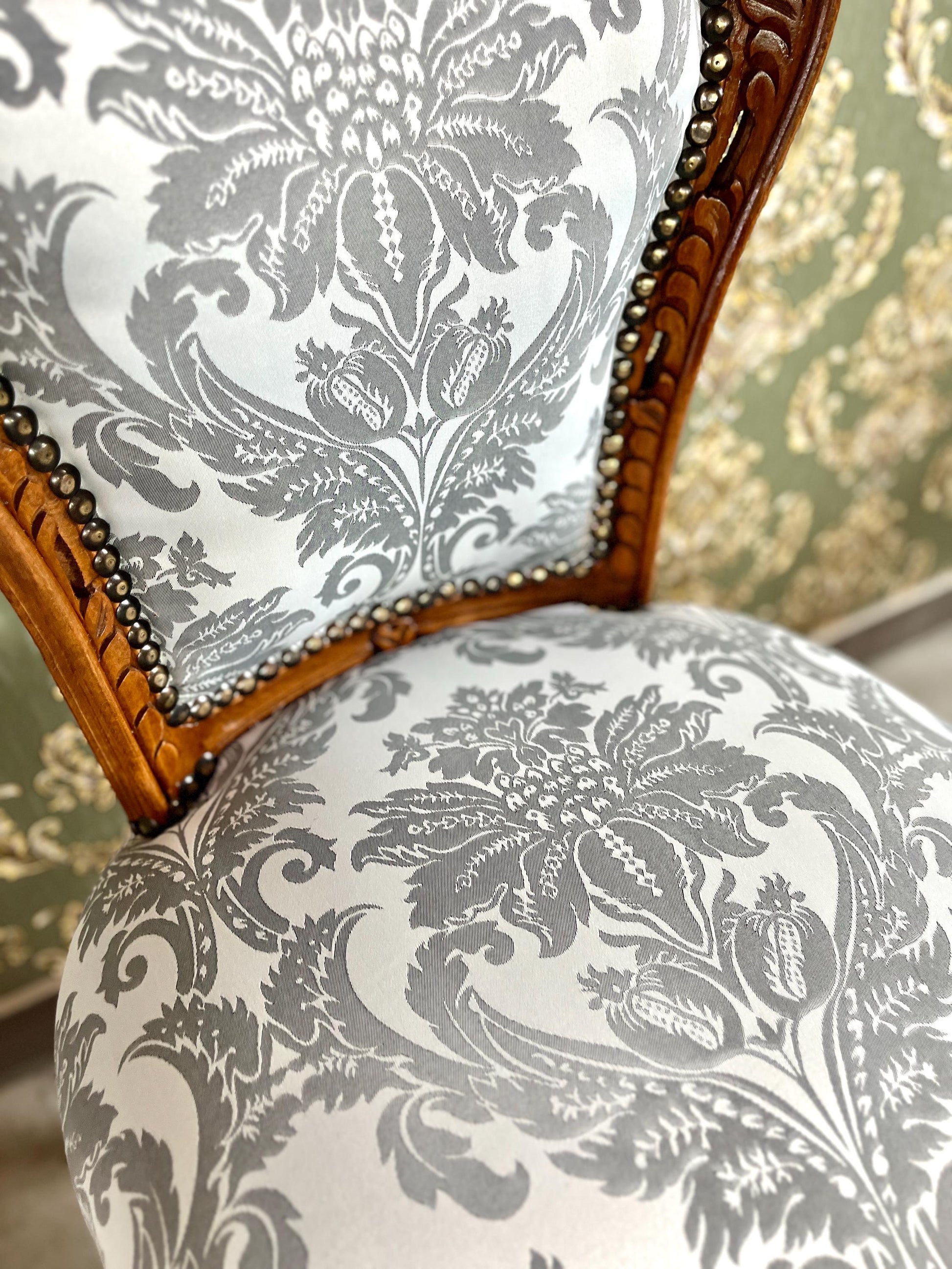 Dining Chair French Baroque Style in Grey Jacquard Fabric Wooden Chair for Home Decor Made-To-Order