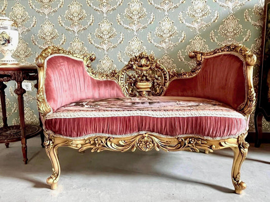 Lounge Couch Royal Baroque Style Bench in Rose Pink Velvet French Antique Style Love Seat Gold Finish for Xmas Decor Homewarming Party Event