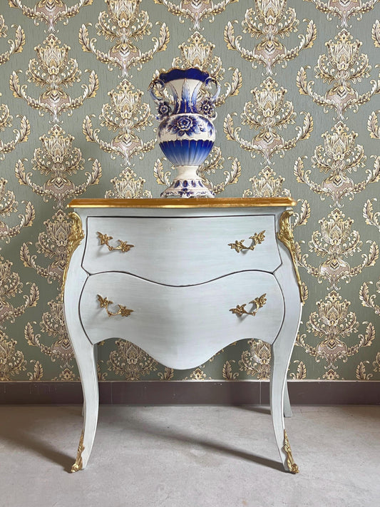 Small Chest of Drawer in Sky Blue Color French Baroque Style Night Stand Brushed Blue Color Dresser for Bedroom Decor