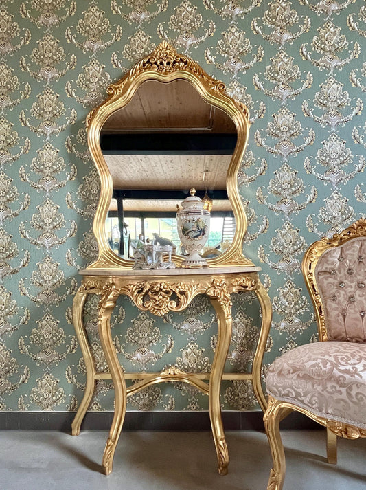 Table Console & Mirror Retro Baroque Style with Beige Marble Top Handcrafted Wooden Table in Gold Finish