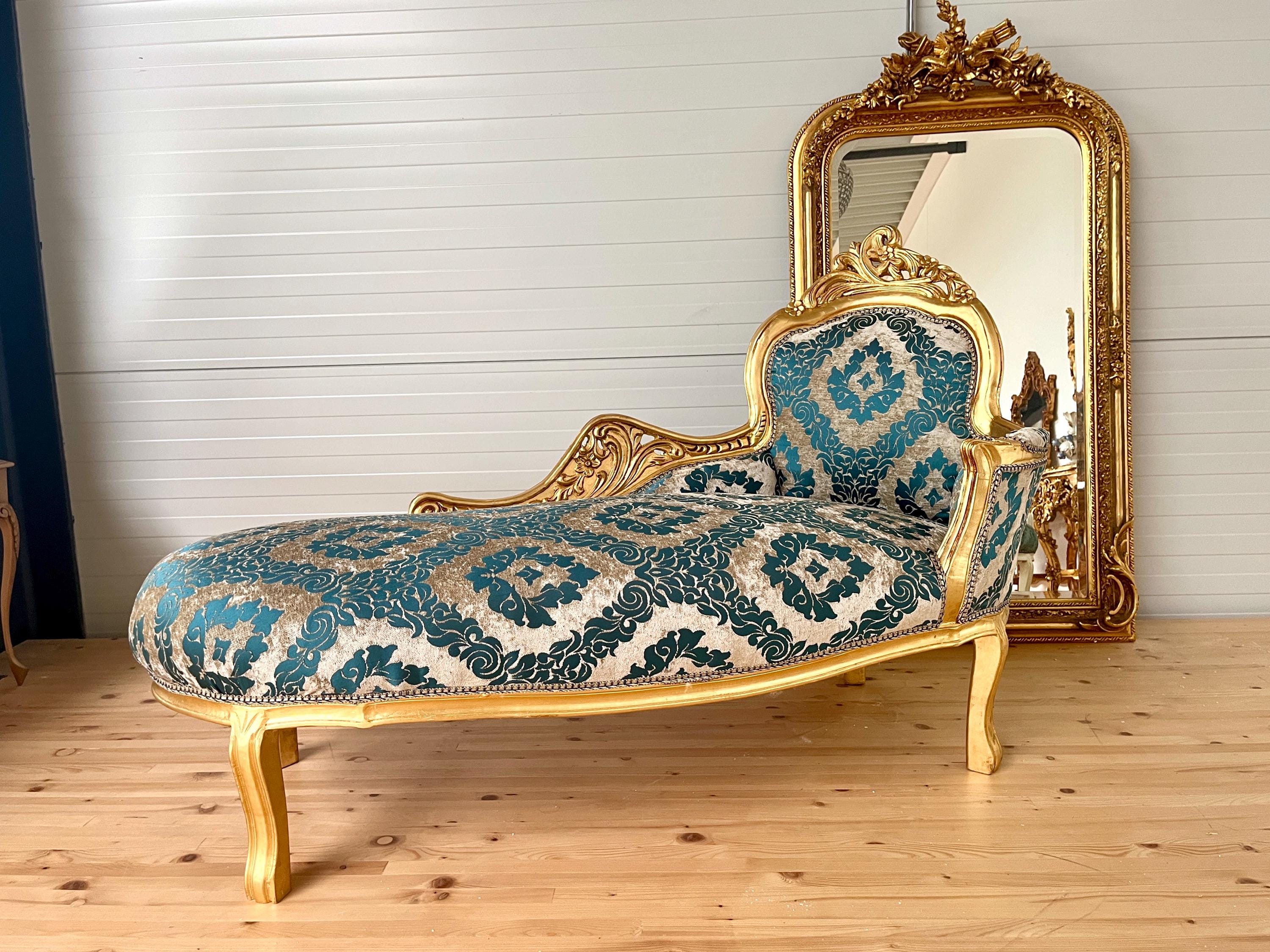 Chaise Longue Blue Velvet Damask French Antique Style in Gold Finish Retro Baroque Style Bench Green Velvet Damask for Home Decor