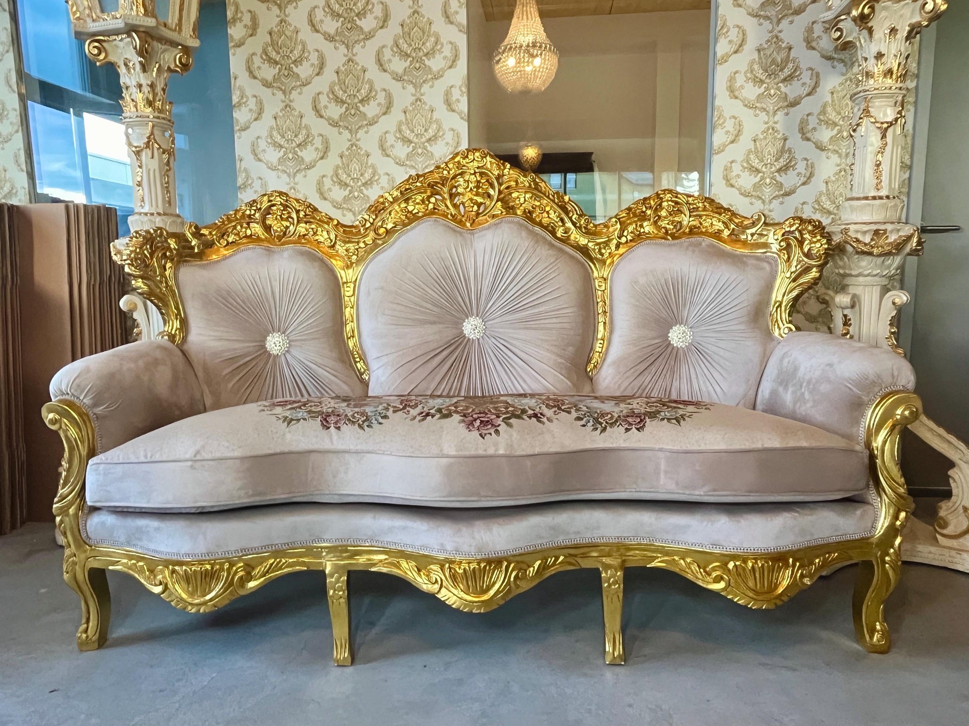 Sofa Set Louis XV Style in Beige Velvet Gold Finish Retro Baroque Rococo Style Couch Set for Living Room for Hotel Lobby Decor