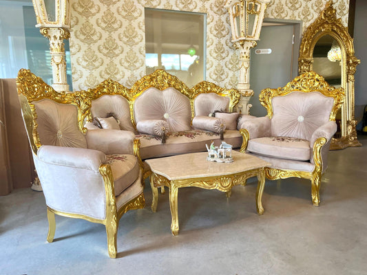 Sofa Set Louis XV Style in Beige Velvet Gold Finish Retro Baroque Rococo Style Couch Set for Living Room for Hotel Lobby Decor