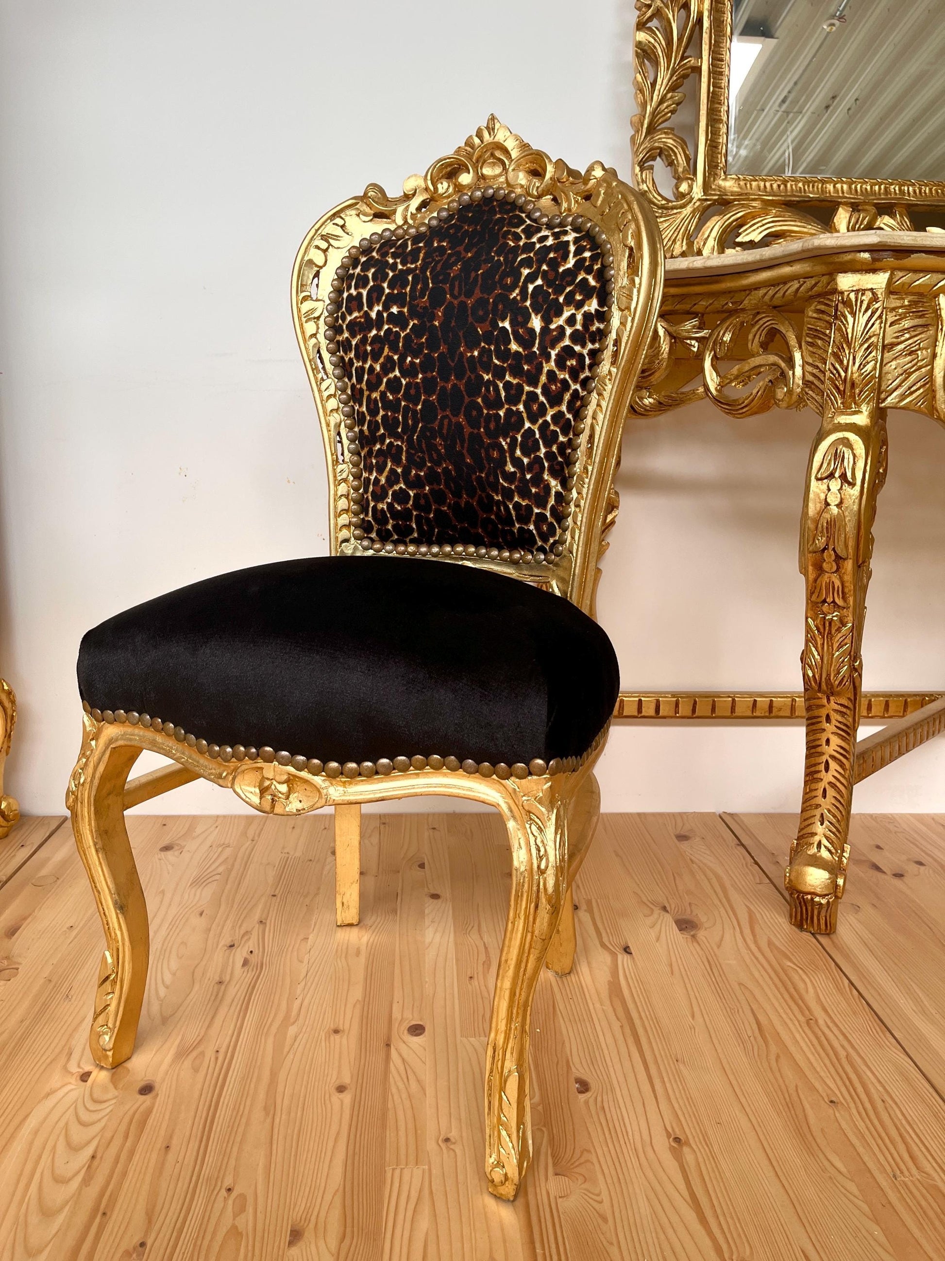 Accent Chair French Louis Baroque Style Dining Chair Black Velvet Leopard Print in Gold Finish for Lounge Room Home Decor