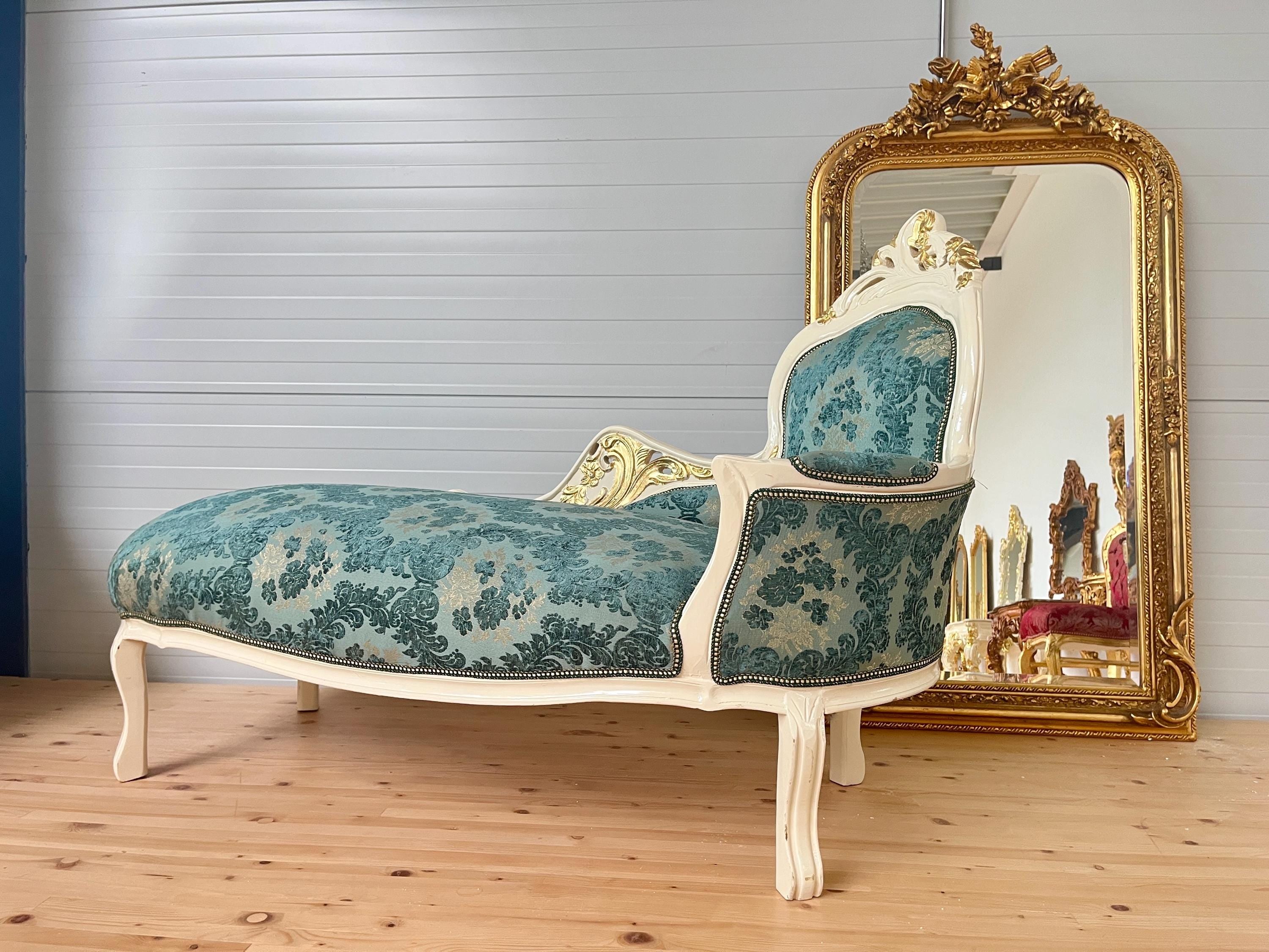 Chaise Longue Blue Velvet Damask French Antique Style in Gold Finish Retro Baroque Style Bench Green Velvet Damask for Home Decor