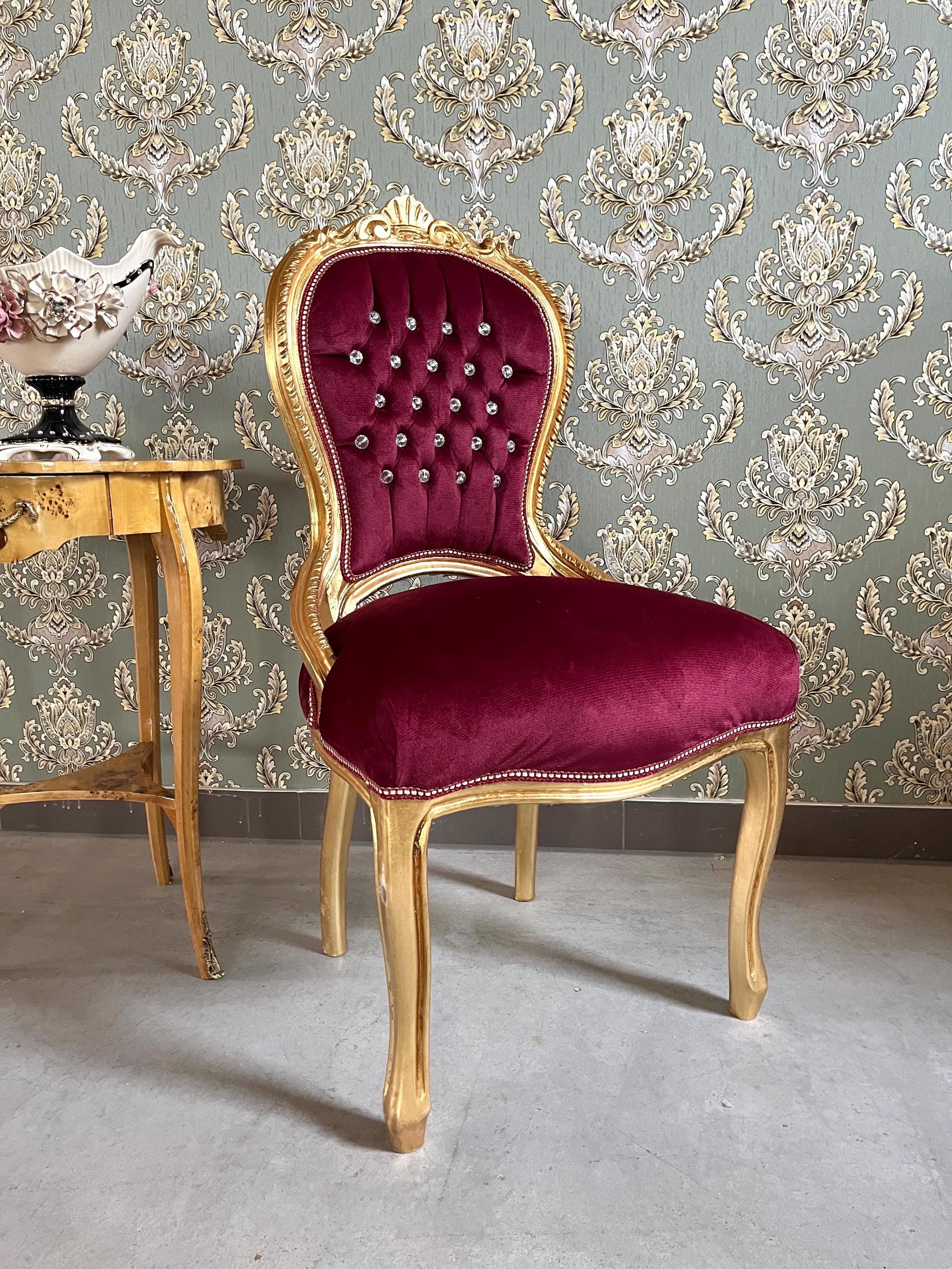 Accent Chair Retro French Baroque Rococo Style Dining Chair Antique Style Reproduction Chair in Gold Finish Red Velvet Turquoise Velvet