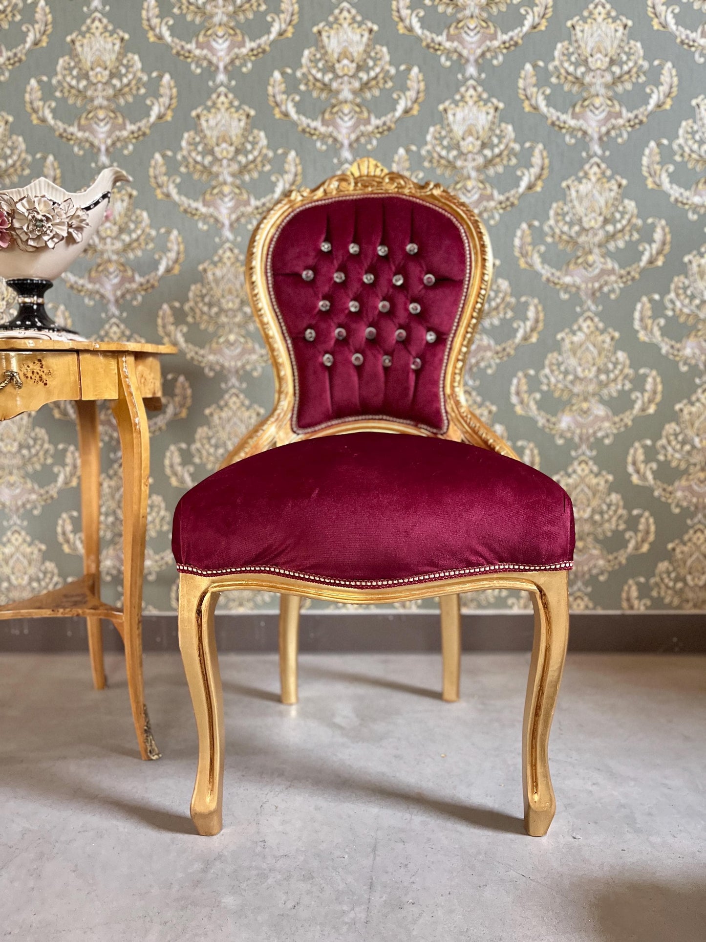 Accent Chair Retro French Baroque Rococo Style Dining Chair Antique Style Reproduction Chair in Gold Finish Red Velvet Turquoise Velvet