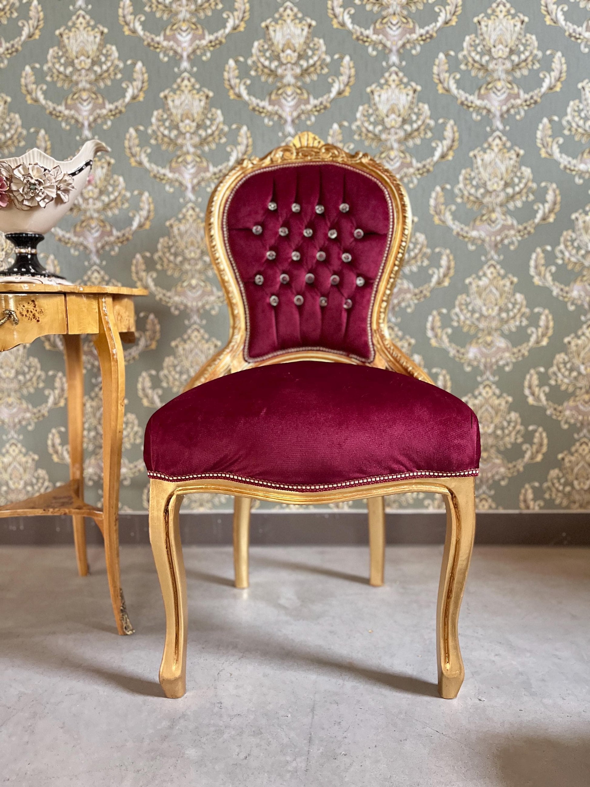 Accent Chair Retro French Baroque Rococo Style Dining Chair Antique Style Reproduction Chair in Gold Finish Red Velvet Turquoise Velvet