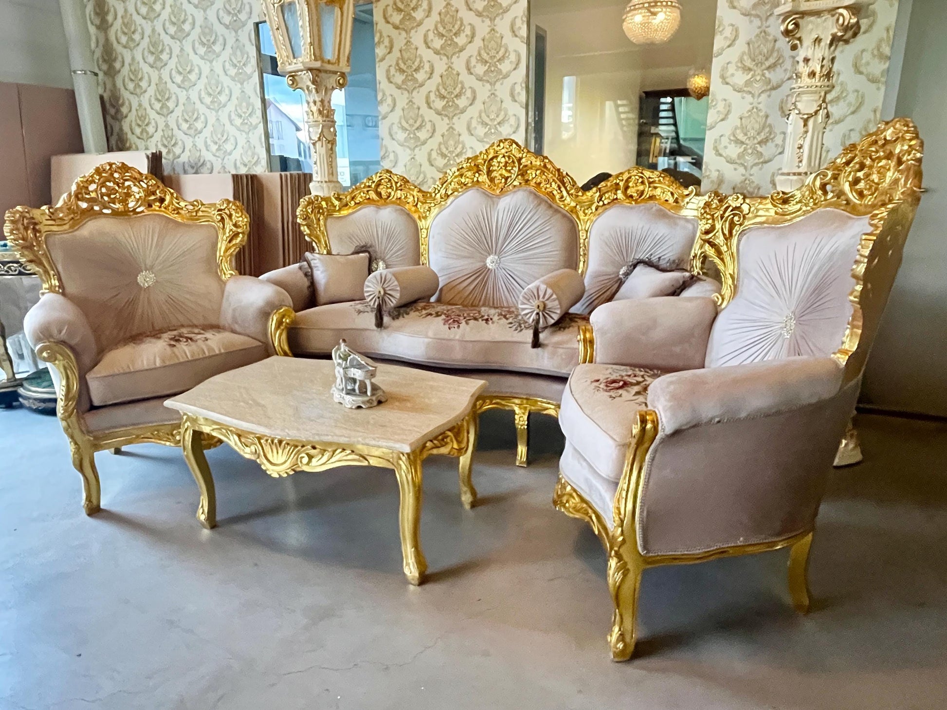 Sofa Set Louis XV Style in Beige Velvet Gold Finish Retro Baroque Rococo Style Couch Set for Living Room for Hotel Lobby Decor