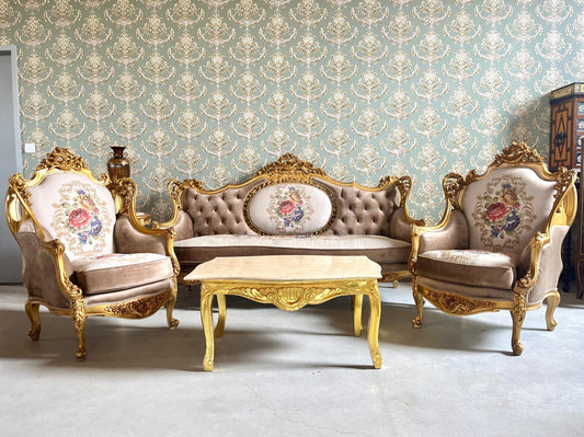 Sofa Set Royal Baroque Style Brown Velvet Counch Set with Marble Top Caffè Table Antique Style Sofa Set for Home Decor or Hotel Lobby Lounge