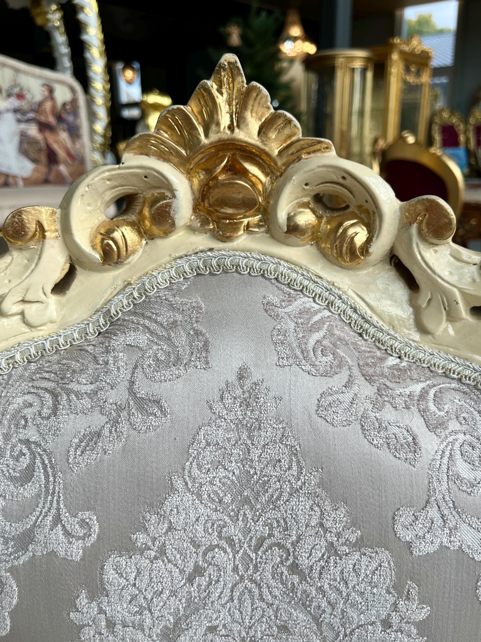 Accent Chair in Ivory Damask French Louis XV Style Dining Chair Handmade in Solid Wood Antique Baroque Style Flower Pattern for Dining Room