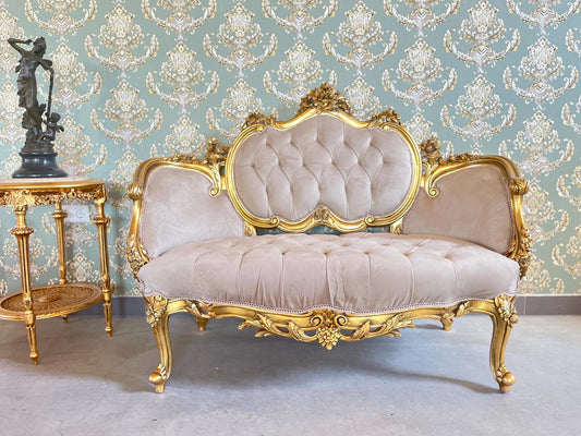 Love Seat French Royal Baroque Style 2-Seater in Cappuccino Color Velvet Nostalgic Antique Style Sofa for Lounge Room Home Decor