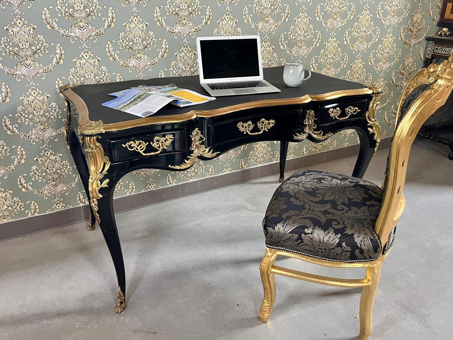 Luxurious Black Wooden Desk Antique Baroque Style Table with Bronze Ornaments at Edge Lacquered in Black - LIMITED EDITION