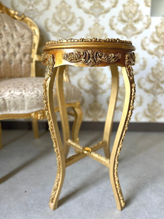 Small Side Table French Baroque Style with Marble Slab Top Tea Table Coffee Table for Home Decor in Gold Finish and Beige Marble Top
