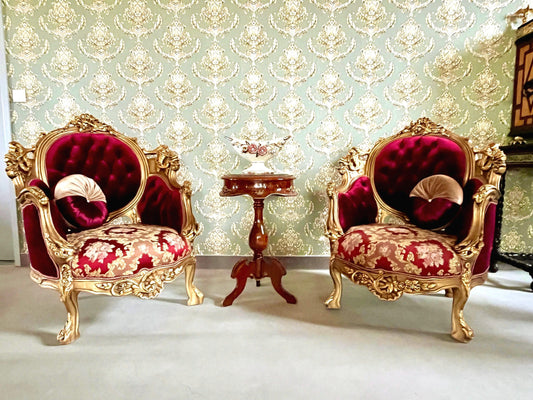 Glamorous Armchair Set Antique Baroque Style in Bordeaux Red Damask Chair & Table Set Gold Finish for Lounge Room Hotel Lobby Decor -LIMITED