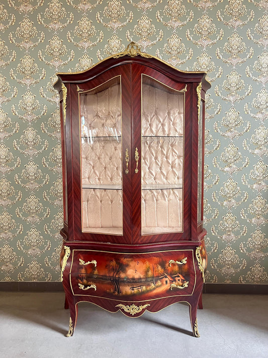 Vitrine Retro Baroque Style Display Cabinet French Louis Style Wooden Glass Showcase in Brown Color Hand painted Front for Home Decoration