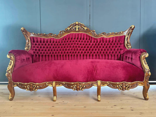 Lounge Sofa Red Velvet Antique Baroque Style 3-Seater Couch in Xmas Red Velvet French Style Home Decor Gift for Holiday LIMITED EDITION