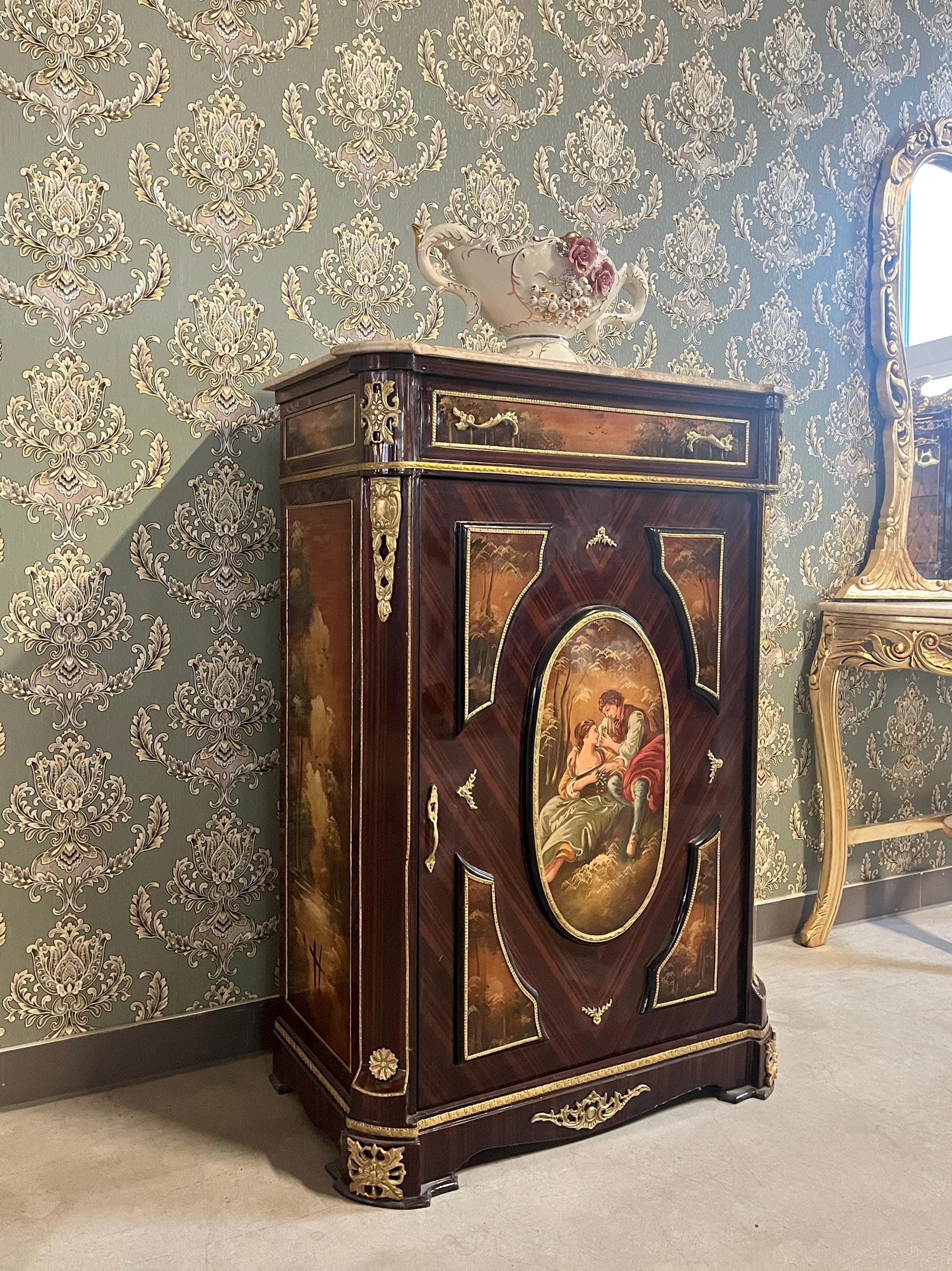 Shoe Cabinet Retro Baroque Antique Style Wooden Brown Cabinet with Oil Handpainted at Front and Marble Slab at Top