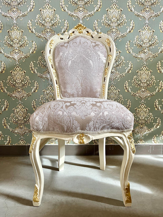 Accent Chair in Ivory Damask French Louis XV Style Dining Chair Handmade in Solid Wood Antique Baroque Style Flower Pattern for Dining Room