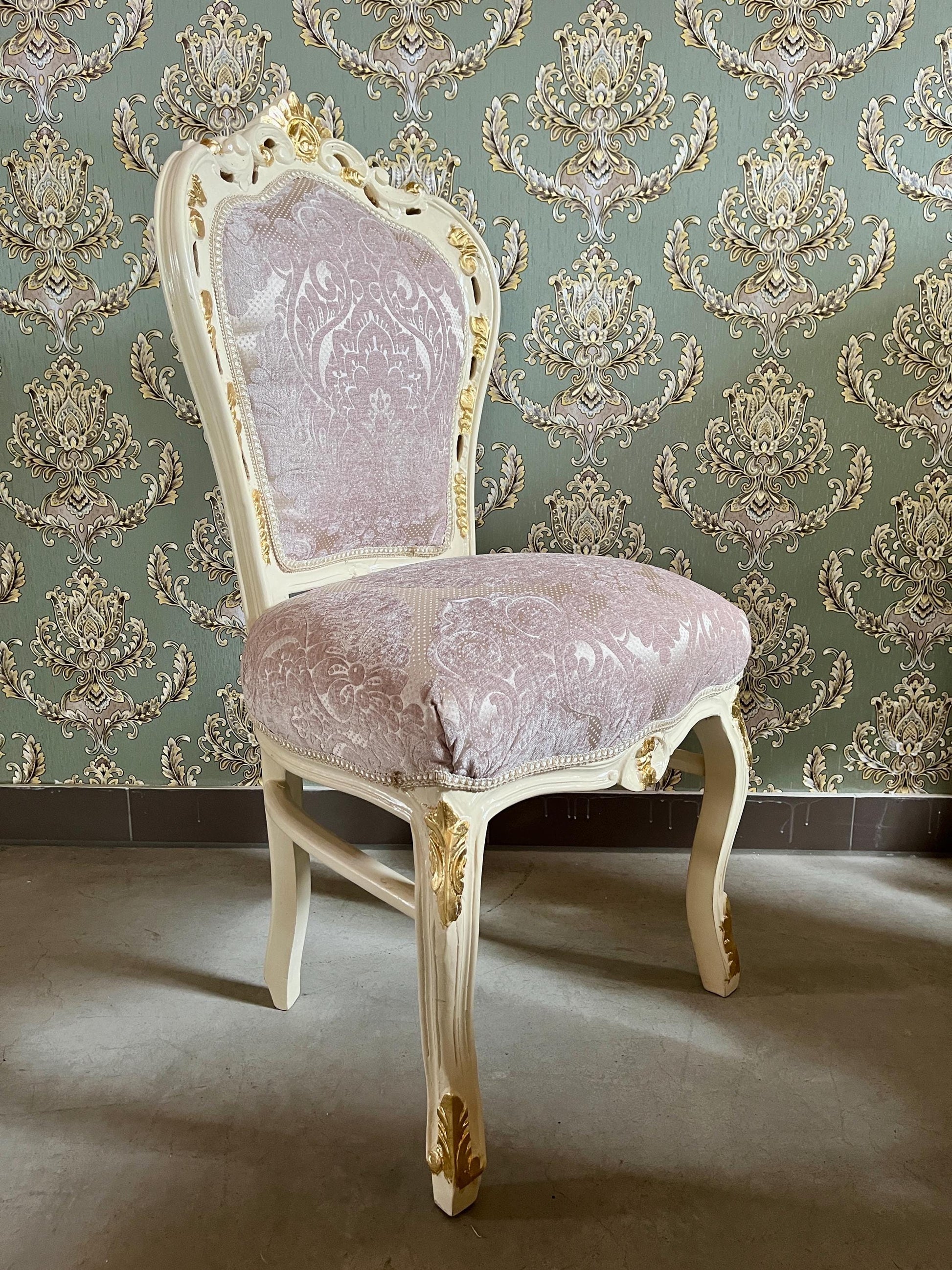Accent Chair in Ivory Damask French Louis XV Style Dining Chair Handmade in Solid Wood Antique Baroque Style Flower Pattern for Dining Room