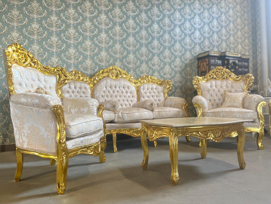 Sofa Set French Louis XV Style Tufted Velvet in Ivory Color in Gold Finish Marble Top Coffee Table Retro Baroque Style Sofa Set