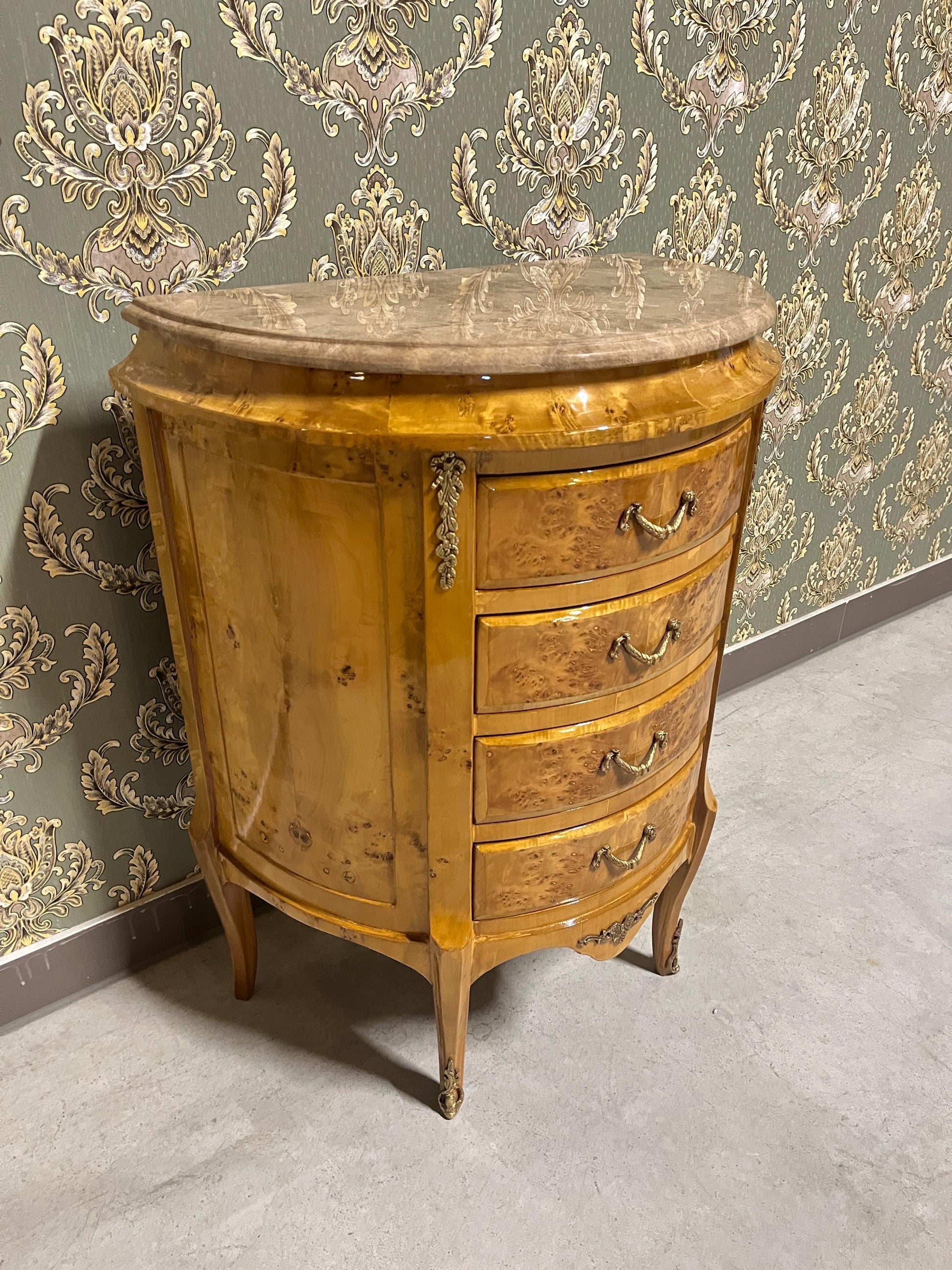 Luxury Coffee Table Antique Rococo Style Small Chest of Drawer in Yellow & Marble Top Handcrafted Living Room End Table for New House Decor
